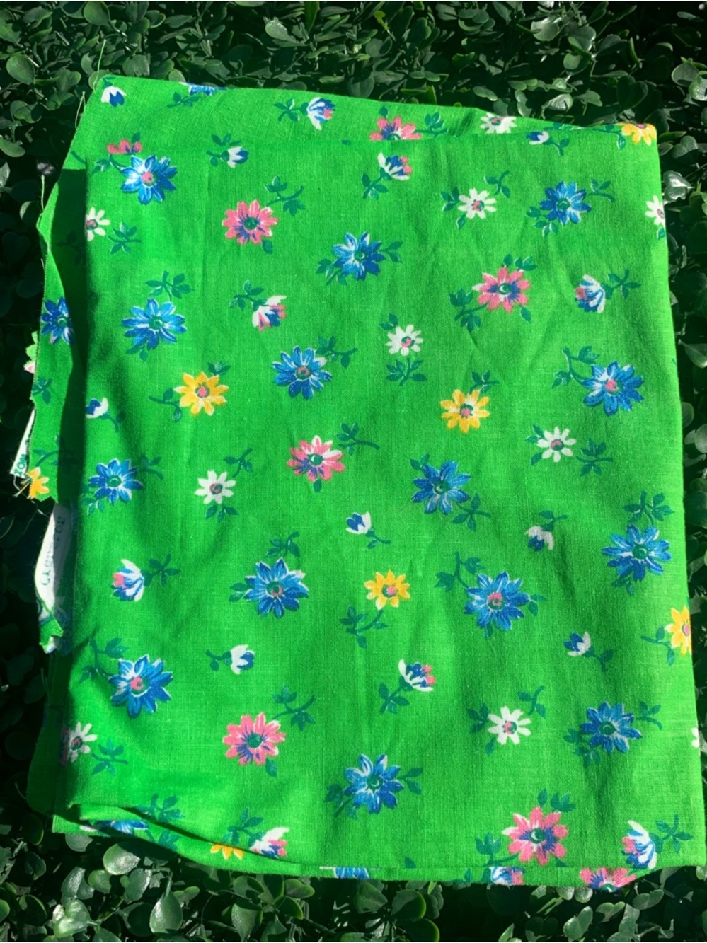 Vintage 70s Cranston green pink and yellow floral mod floral fabric scrap sewing